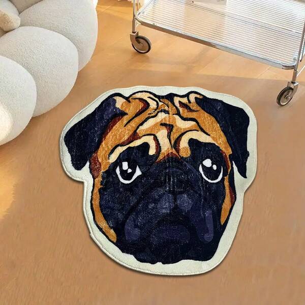 1 Pc Pug Dog Shaped Area Rug, Soft And Comfortable Imitation Cashmere Decorative Cushion, Machine Washable Vinyl-Backed Entryway Bedroom Rug, Indoor Pet-Friendly Creative Thick Carpet - Machine Made Irregular Shaped Rug