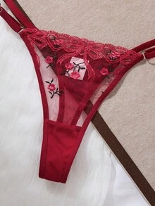 2PCS Women's Embroidered Butterfly Flower Sexy Intimate Underwear Set, Semi-Transparent Bust Enhancing Strappy Short Top And Thong, Home Comfort Style Two Pieces Lingerie Set - 酒紅色 - 查看 6