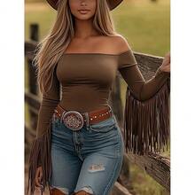 Women's Western Cowgirl Off-Shoulder Fringe Top, Sexy Slim Fitted Long Sleeve Tassel Blouse - 棕色 - 查看 6