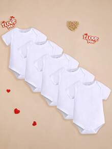 BrownBark 5pcs Newborn Baby Boy Soft Cotton Solid Color Bodysuits, Short Sleeve Round Neck, Unisex Infant Clothing Suitable For Indoor And Outdoor Wear