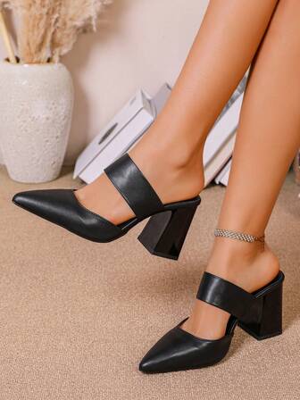 9cm Black PU Thick Heel Pointed Toe Mule Slip-On High Heels For Women