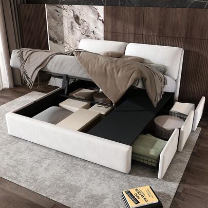 Upholstered Bed, 180 X 200 Cm, Hydraulic Slatted Base, Three Drawers, Storage Box, Slatted Base With Headboard, Without Mattress, Velvet, Beige