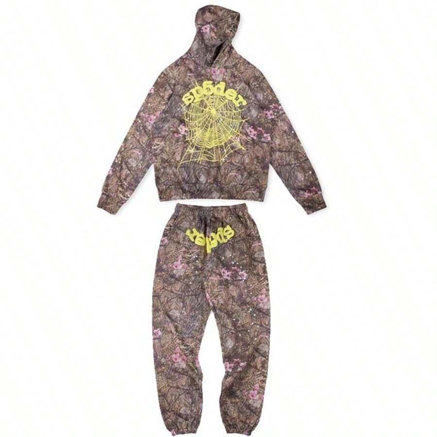 Spider Web Fashion Hip-Hop Printed Flower Hoodie, European And American Brand Large-Sized Loose Men's And Women's Hooded Sweatshirt Set - 軍綠色 - 查看 1