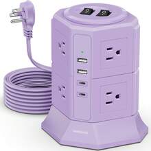 Ultra Flat Plug Surge Protector Power Strip Tower, 8 AC Outlets 4 USB Charger Ports(2 Type-C),NVEESHOX 6.5 Ft Flat Ultra Flat Extension Cord, Compact Desk Charging Station For Office, School, Dorm - 美規B型插(110-127V) - 查看 16