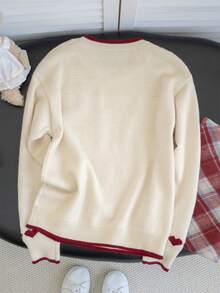 圆领宽松心形设计撞色毛衣，女式秋冬装，圣诞节毛衣，日常，约会，长袖上衣，可爱 - 杏色 - 查看 11