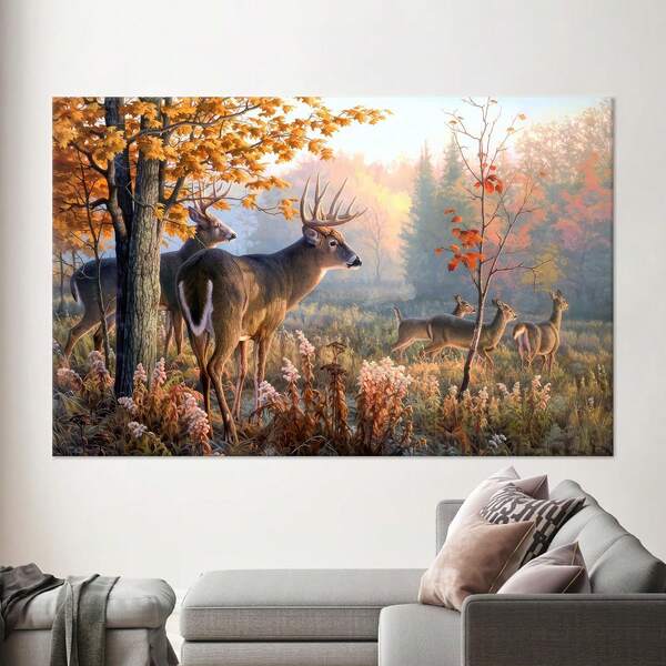 1pc Frameless Deer Canvas Wall Art Rustic Canvas Painting Print Deer In Autumn Forest Landscape Pictures Poster Artwork Modern Home Living Room Bedroom Bathroom Wall Decoration