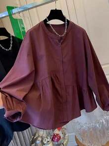 Blus Kasual Wanita Ukuran Besar dengan Lipatan dan Leher Bulat, Cocok untuk Beraktivitas di Musim Semi - Burgundy - View 1