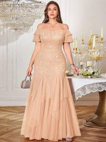 Plus Size Off-Shoulder Ruffle Sleeve Sequin Floral Lace Contrast Mesh Ruffle Hem Evening Long Dress, Wedding Guest Dress, Suitable For Birthday, Graduation Ceremony - Champagne - View 3