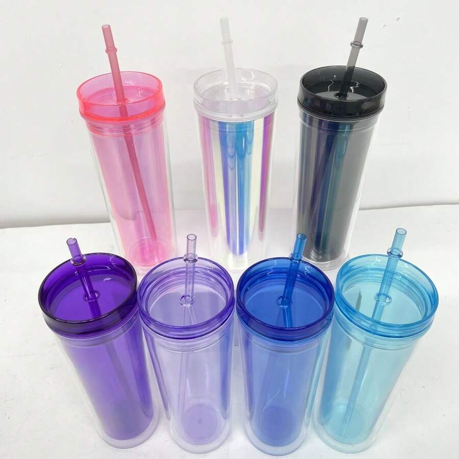 25PACK USA Warehouse 19oz Double Wall Clear Transparent Acrylic Plastic Cups 19oz Skinny Tall Straight Slim With Plastic Lids And Plastic Straws 19oz Coffee Water Travel Mugs - 25pcs - 查看 1