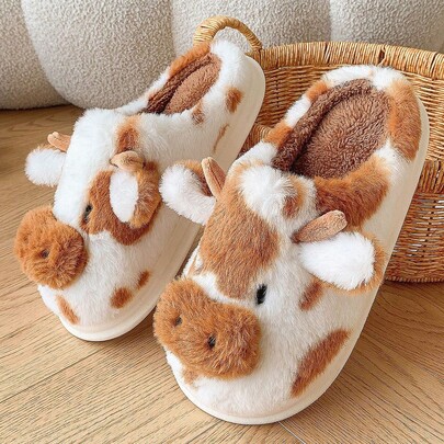 1 Pair Of Cute Spotted Cow Fleece Closed-Toe Slippers – Autumn & Winter Indoor Home Use, Cotton-Lined, Fleece-Padded Warm Thick-Soled Plush Slippers