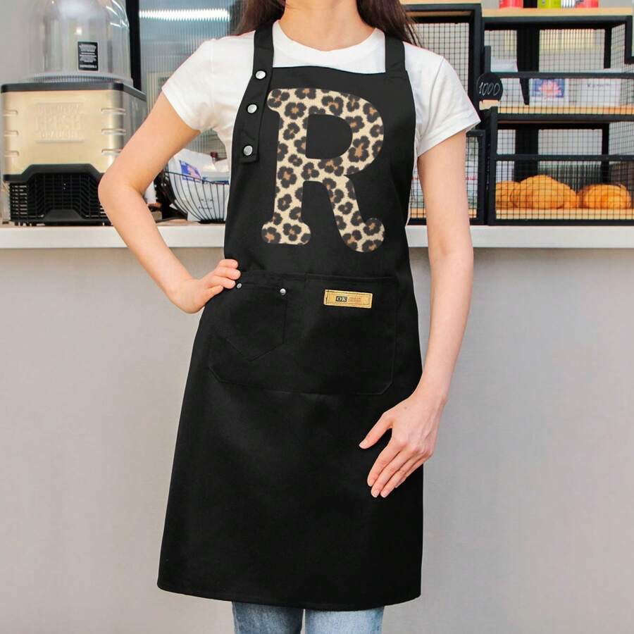 Women's Apron - High-Quality Kitchen Apron With Two Pockets, Bold 'R' Letter Design, Easy-To-Clean Polyester Material, Suitable Cooking, Baking, And Cafe Use - Fashionable Chef Apron, Home Essential - 黑色 - 查看 1