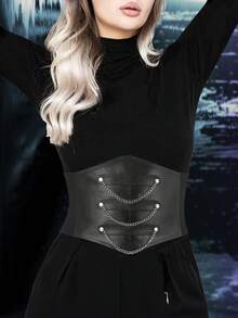 1 pieza Cinturón de corsé de estilo renacentista de mujer en PU negro, adecuado para fiesta de Halloween o atuendo diario