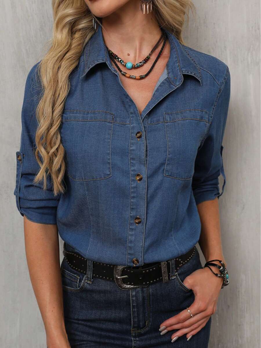 Women Fashion Casual Elegant Denim Button Down Long Sleeve Shirt With Shirt Collar - 藏蓝色 - 查看 1