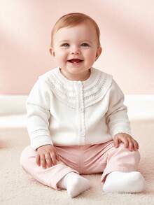 BOARNSEORL Baby Girls White Button-Front Knit Cardigan Sweater, Fashionable For Daily, Outdoor, Travel, Birthday, Spring/Autumn - White - View 1