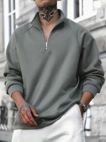 男士深灰色插肩袖针织套头衫，适合春秋季穿着 - 深灰色 - 查看 1