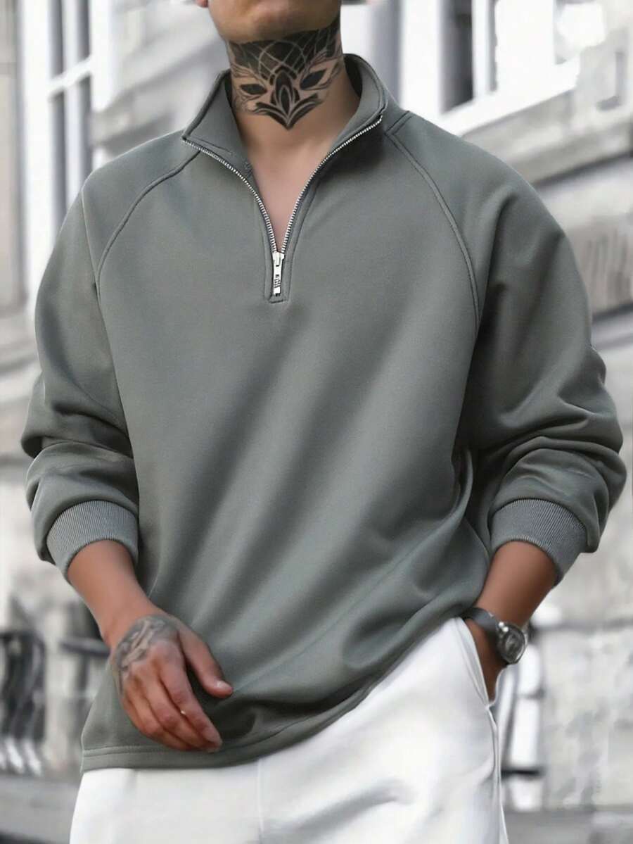 男士深灰色插肩袖针织套头衫，适合春秋季穿着 - 深灰色 - 查看 1