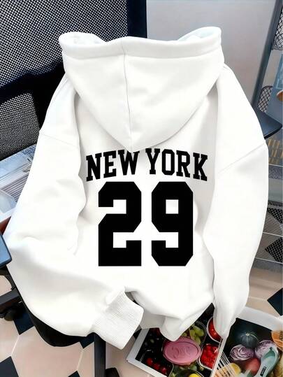 Sudadera con capucha gruesa para mujer de talla grande con estampado de letras de New York, de estilo casual y sencillo, adecuada para otoño/invierno