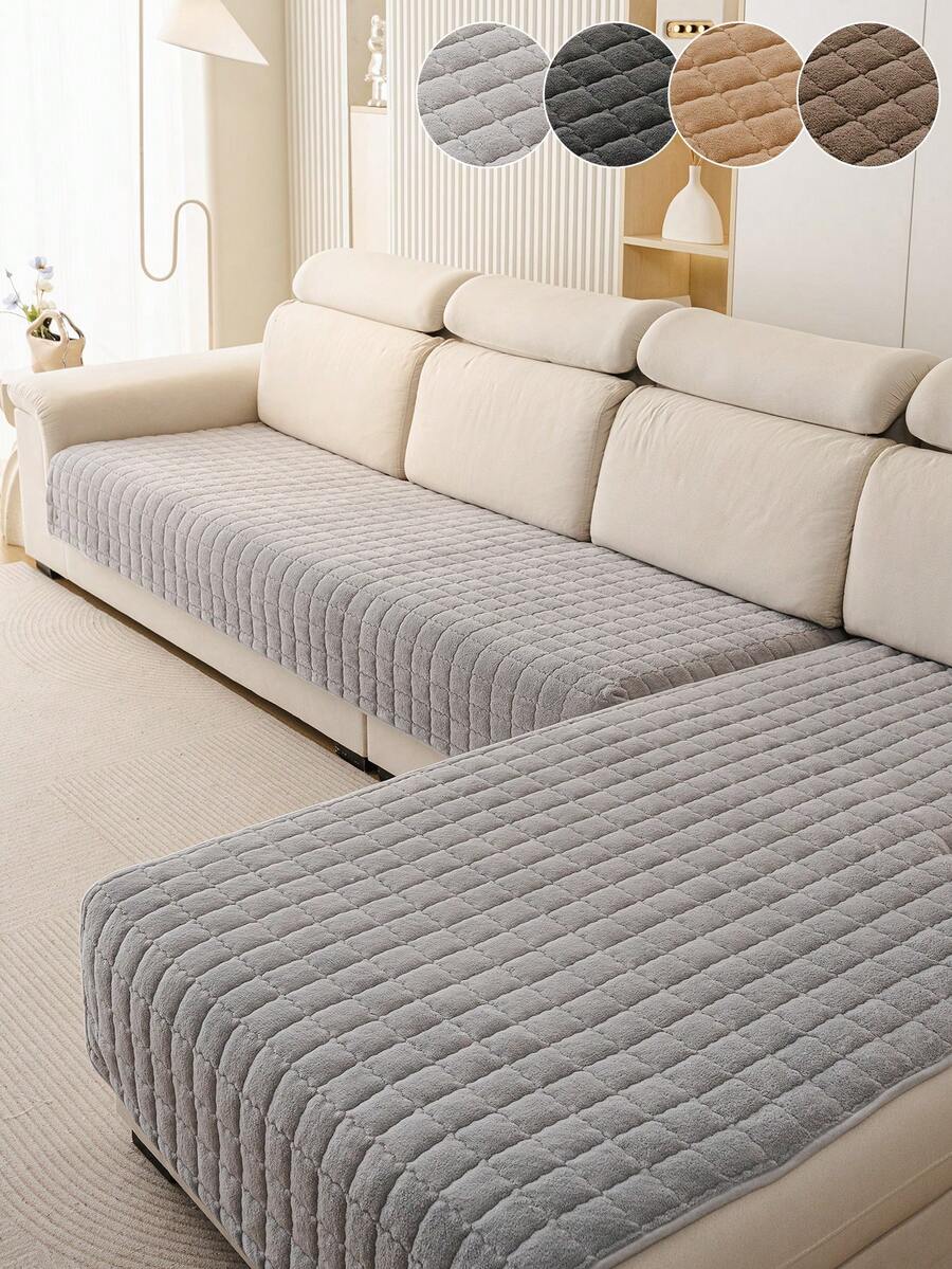 1件加厚绗缝法兰绒沙发垫，现代简约风格，宠物友好，防污防滑沙发套，秋冬季防刮沙发保护套，适用于L型组合沙发和1/2/3/4座沙发（单独出售） - 淺灰色 - 查看 1