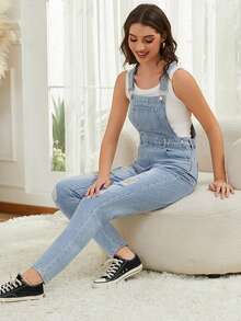 Women Plain Pocket Washed Ripped Slim Waist Denim Bib Overall Jumpsuit - Blue - View 7