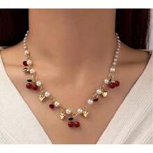 Sweet Cherry Pendant Necklace For Women, Unique Faux Pearl Heart Bead Chain, Clavicle Chain - 01金色 - 查看 6