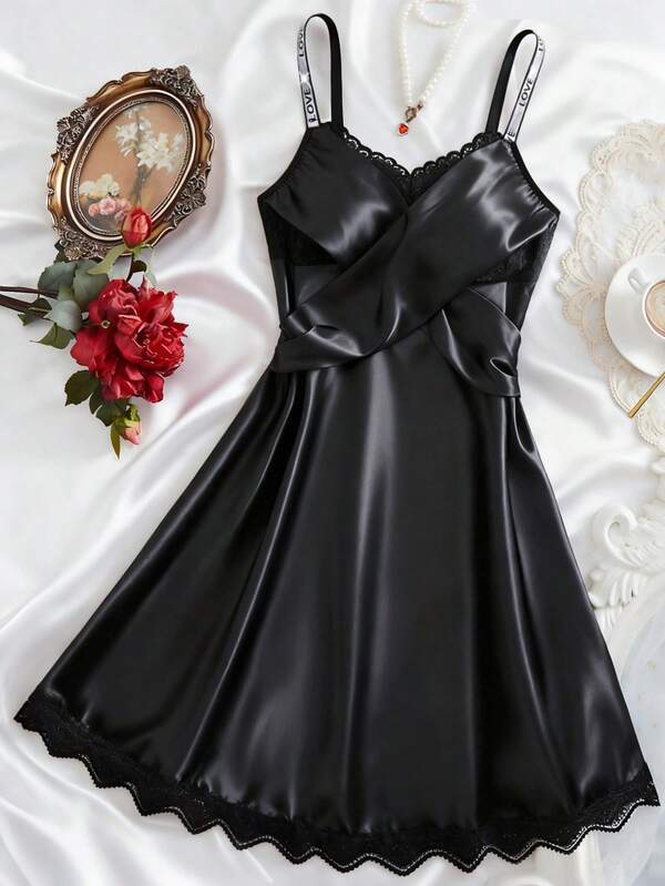 New Women's Sexy Lingerie "LOVE" Letter Elastic Shoulder Straps Chest Cross Design Lace Skirt Loose And Comfortable Backless Nightgown