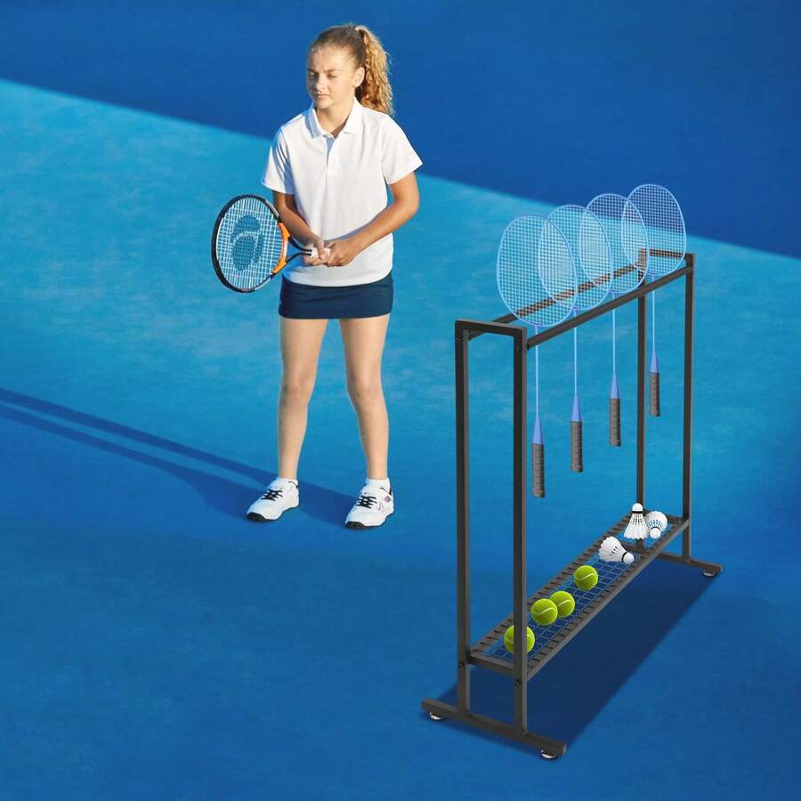 LianDu-US Badminton/Tennis Racket Storage Organizer, Floor Standing Rectangular Storage Rack With 4 Foot Pads For A Game Room, Garage, Basement, Playground, Gym, 29.53*11.81*35.43 Inches (Black) - Black - View 1