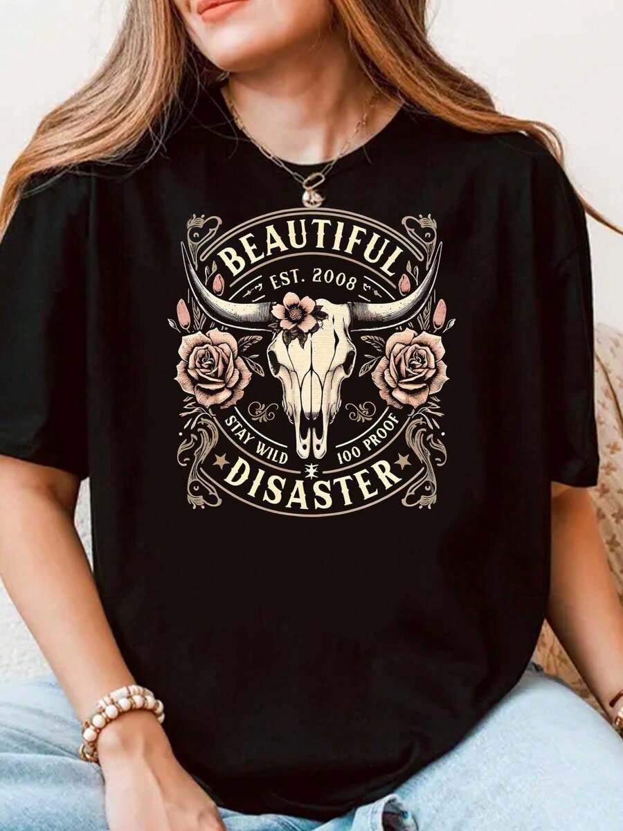 Cotton Casual Comfortable Sporty Women's T-Shirt Beautiful Disaster Skull Roses Design Suitable As A Gift 220g - Svart - Visa 1