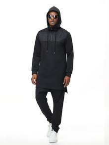 慢跑男士运动套装，穆斯林连帽卫衣套装，裤子为哈伦裤，上衣带口袋，两侧饰有时尚的菱形网眼装饰，胸前拉链，采用轻便运动面料，舒适的黑色套装，嘻哈风格度假也非常合适。 - 黑色 - 查看 3