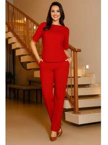 WOMEN'S CREPE LARISA SET TRADITIONAL PANTS AND BLOUSE FRESH KNIT GREAT FIT - Red - View 2