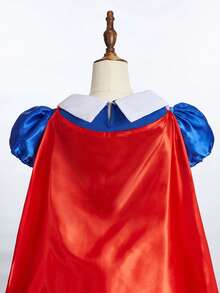 10件套蓝黄短袖蝴蝶结领女童连衣裙、披风、假发及配饰套装，儿童圣诞派对节日服装 - 藍黃色 - 查看 7