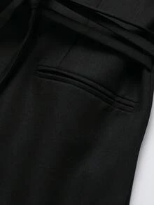 Women's Solid Color Lapel Neck Tie-Front Blended Loose Fit Jacket Black - Black - View 4