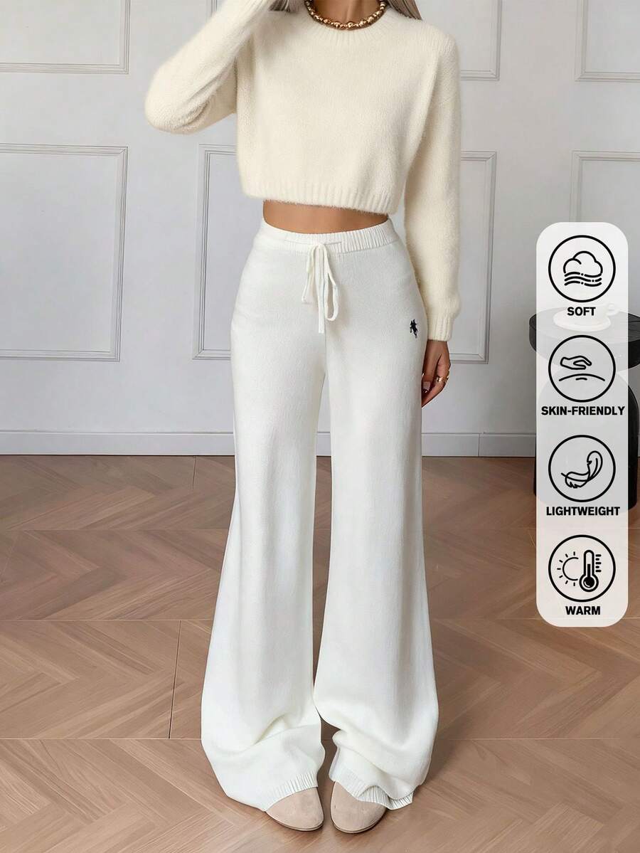 Women's Casual Oversized Rib Knit Embroidered Detail Wide Leg Trousers,Drawstring Solid Color Knitted Loose Pants, Autumn/Winter Cosy Coffee Club Winter Christmas - White - View 1