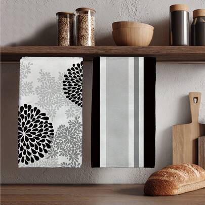 MEMNUN 2 piezas Toallas de cocina, paños de cocina, toallas de mano, paños de platos, estampado geométrico floral minimalista en negro, blanco y gris, 15.75*23.62in (40*60cm), microfibra súper suave y absorbente, decoración del hogar moderna, accesorios de cocina, lavable a máquina, adecuado para restaurantes, cocinas, uso diario y regalos, para todas las estaciones