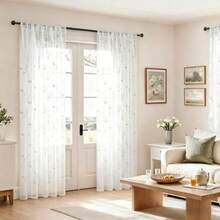 HOMEIDEAS Sheer Curtains 52 X 63 Inches Length 2 Panels Embroidered Leaf Pattern Pocket Faux Linen Floral Semi Sheer Voile Window Curtains/Drapes for Bedroom Living Room(213An x 132Al cm (2 Paneles) Blanco) - Tipo 20 - Ver 2