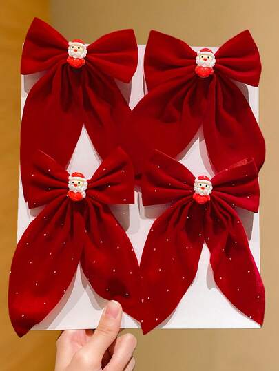 2/4pcs Women's Red Bow Hair Clips, Including Santa Claus Design, Adding Holiday Atmosphere, Can Be Given As Christmas And New Year Hair Accessory Gifts For Her