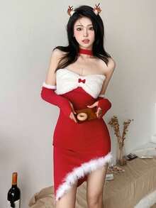 3件装毛绒边饰兔子服装，含手套和项链，圣诞节 - 紅色 - 查看 8