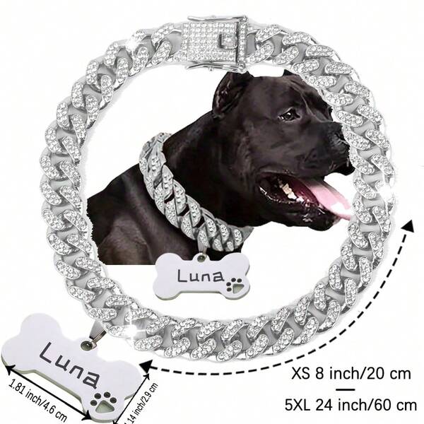 1pc Customized Luxury Rhinestone Dog Cuban Link Collar, 1.3cm Wide Hiphop Pet Necklace, Suitable For Small/Medium/Large Dogs, Pet Accessories & Gift, Can Engrave Pet Name, Phone Number, Anti-Lost Ornamental,Engraved Stylish,Fashion,Colorful,Vintage,Cute,Contracted,Cuties Custom,Unique,Customized,Personalized Pet For Anniversaries,For Birthdays,Pet Supplies,2025 Halloween Accessories,Fall Décor