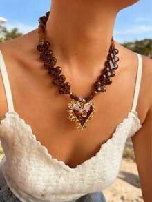 Monlansher New Fashion Women Leopard Pendant Necklace With Stainless Steel Heart Pendant, Lightweight Luxury Versatile Everyday Wear - Gold - View 2