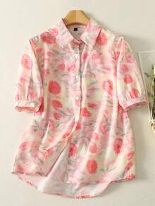 Summer New Ditsy Floral Linen-Like Collared Short Sleeve Blouse, Versatile Women Top