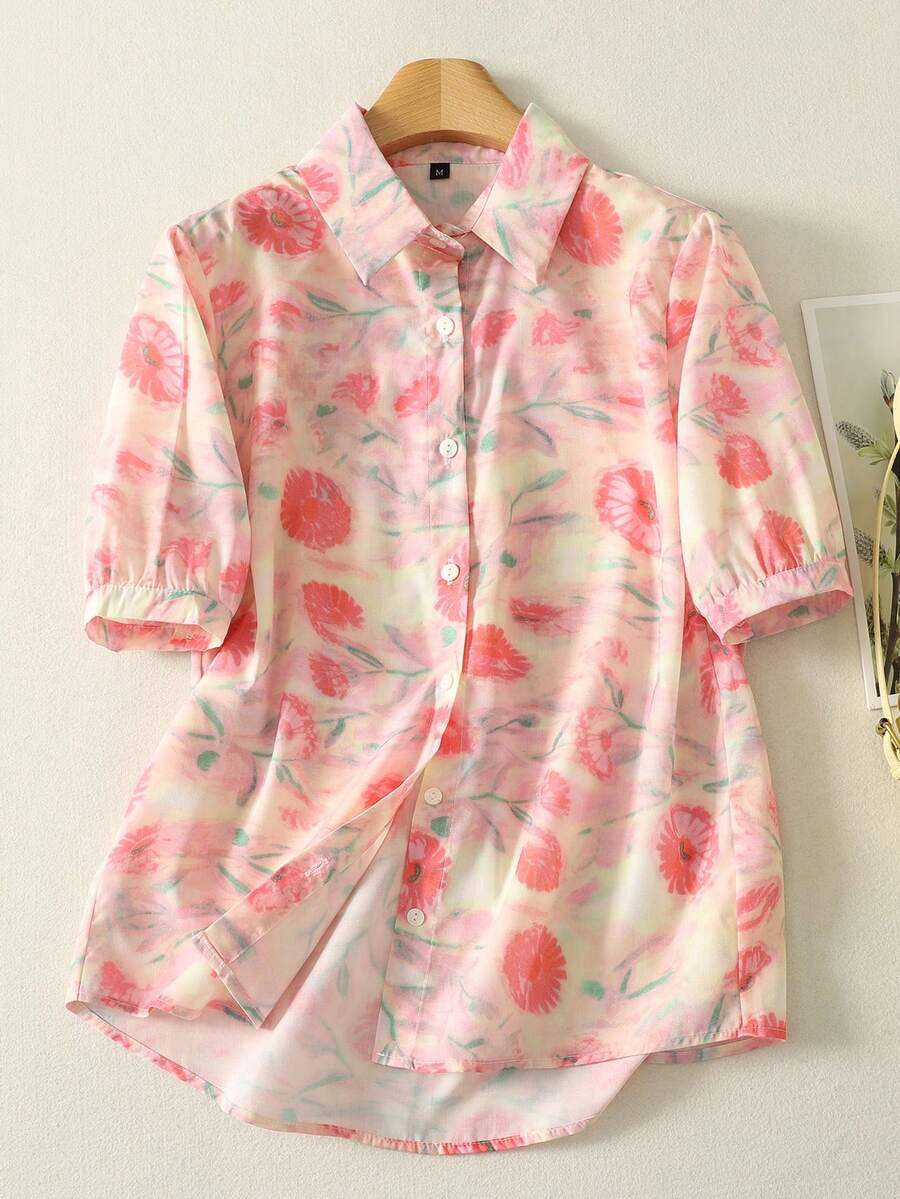 Summer New Ditsy Floral Linen-Like Collared Short Sleeve Blouse, Versatile Women Top