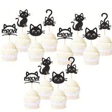 7 peças/12 peças Toppers de Cupcake com Glitter Preto Tema de Gato Feliz Aniversário, Decorações para Festa de Aniversário, Chá de Bebê ou Festa com Tema de Gato ou Animais de Estimação - Preto - Visão 8