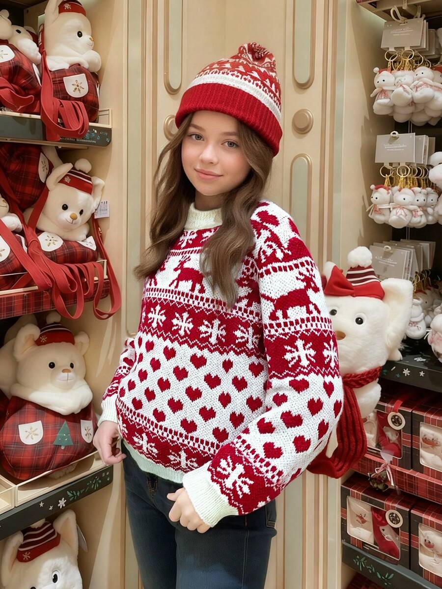 一件少女时尚圣诞氛围提花针织圆领长袖毛衣,可爱优雅简约套头针织衫,适合日常、度假、秋冬季、圣诞派对等场合。 - 紅色 - 查看 1