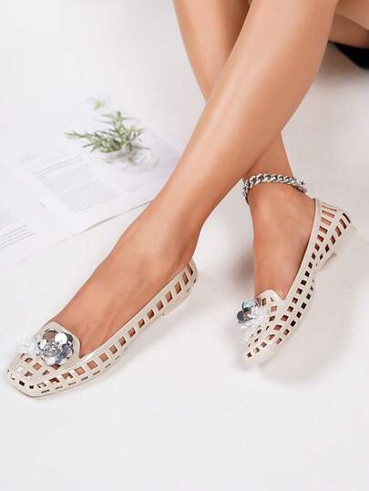 Zapatos de gelatina estilo coreano para mujer, zapatos planos casuales con corte bajo, punta cuadrada hueca y sin cordones