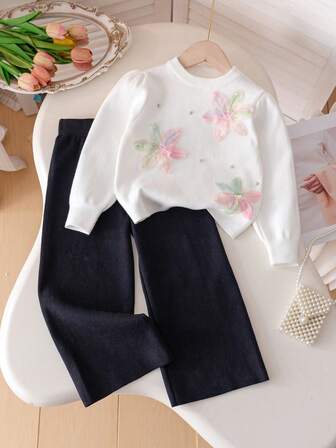 2pcs Set: 1pc Girls Cute Floral Beaded Sweater Pullover & 1pc Butterfly Beaded Knit Sweater With Pants Set, Suitable For Casual Daily Wear In Spring, Autumn, Winter