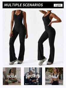 Mujeres entrenamiento Flare Jumpsuits, High Stretch Hollow Back Athletic Bodysuit, Sexy bodyless Gym Bodycon Scrunch Butt Yoga Rompers U Back - Negro - Ver 3