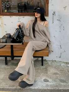 Y6Y 休闲时尚宽松不对称肩部女式卫衣，长袖露肩上衣，2025 年秋冬新品