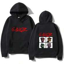 Rock Print Hoodies Music Band Gorillazs Punk Hooded Sweatshirts Unisex Casual Streetwear Y2K Street Fashion Pullover Clothing - 黑色 - 查看 7