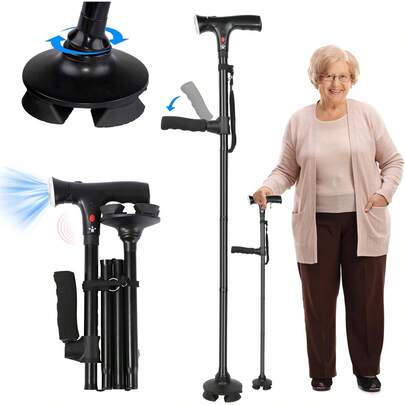 Bastón para Adulto Mayor con Alarma, Bastón Plegable Ortopédico de 2 Mangos, Luz LED Ajustable 45 ° , Altura Ajustable en 5 Niveles, Base Cuádruple Pivotante