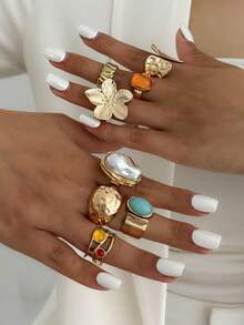 7 件复古时尚几何玉石镶嵌戒指套装，厚金属金色戒指适合女性日常佩戴和派对装饰，礼品首饰套装 - 金黃色 - 查看 6