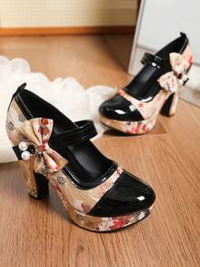 时尚休闲撞色女士一脚蹬鞋，新款透气百搭女士粗跟圆头高跟鞋，饰有珍珠搭扣和蝴蝶结。 - 黑色 - 查看 5